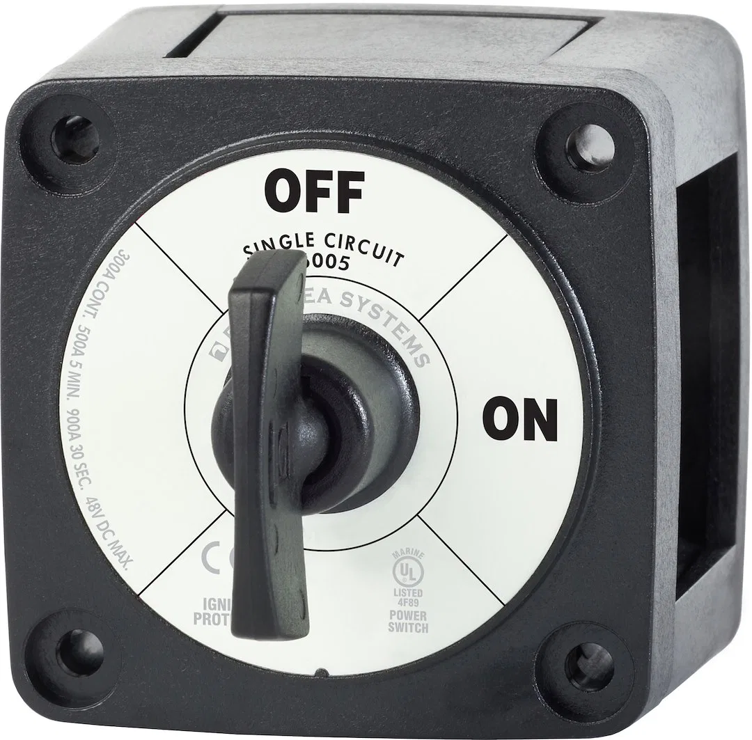 6005200-BSS – BLUE SEA Battery Disconnect Switch, 48 Volts DC Single Circuit ON-OFF 300 Amps Black With Key Tinned Co...